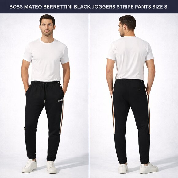 BOSS Mateo Berrettini Black Joggers with White and Tan Stripe Size Small